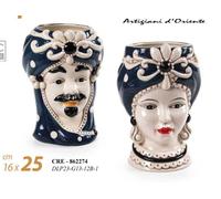 COPPIA VASO TESTA DI MORO UOMO DONNA ST SICILIA CERAMICA CENTROTAVOLA NOTTE 25cm