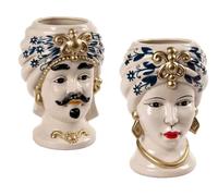 COPPIA VASO TESTA DI MORO UOMO DONNA STIL SICILIA CERAMICA CENTROTAVOLA ORO 25cm