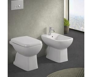 Coppia wc e bidet con brida e scarico a pavimento, in ceramica bianco lucido con copriwater originale, serie GINEVRA