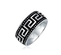 Coppie Personalizzate Disegno Geometrico Del Tasto Greco Antico Della Chiave Anello Di Nozze Strutturato Per Gli Uomini Argento Nero Due Toni .925 Sterling Argento 9MM Wide Personalizzabile