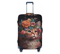 Copri bagagli da viaggio con gatto e corona di fiori, elastico, per valigie, 45-81 cm, Nero , L