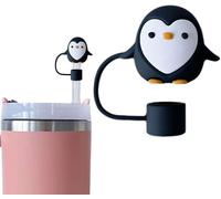 Copri paglia a forma di pinguino per tazze da 10 mm, in silicone, con pinguino, senza BPA, per accessori per tazze da 10 mm, tappo antipolvere riutilizzabile (nero)