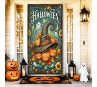 Copri porta a tema Halloween, cappello da strega, zucche, 91 x 182 cm | Jack-o'-lanterns, banner portico, fantasmi fantasiosi, foglie autunnali, sfondo verde acqua vibrante, tema magico incantevole