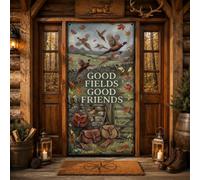 Copri porta autunnale con citazione di fagiano e amicizia, 91 x 183 cm | Tema di caccia rustico, sfondo per porta d'ingresso, fogliame autunnale, attrezzatura da caccia in pelle
