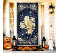 Copri porta celeste con gufo mistico e rosa per Halloween, 91 x 183 cm | Sfondo con skyline stellato, striscione per porta d'ingresso, rose fiorite, rami di alberi macigliati, atmosfera mistica
