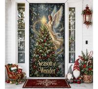 Copri porta con angelo e albero di Natale, stagione delle meraviglie, 91 x | Elegante opera d'arte con angelo, striscione per portico, pino invernale festivo, stella luminosa calda