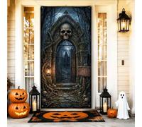 Copri porta con arco gotico a forma di teschio per Halloween, 91 x 182 | Arco gotico in pietra, cartello per porta d'ingresso, tema palazzo infestato, sfondo della foresta spettrale