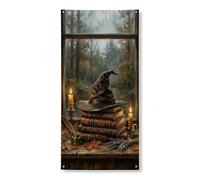 Copri porta con cappello da mago decorativo, libri mistici autunnali incantesimi, candele per Halloween, marrone con corda, striscione per porta d'ingresso, decorazione per la casa, per portico, porta