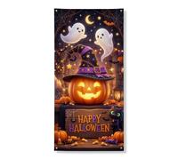 Copri porta con zucche decorative, fantasioso cappello fantasma festivo per Halloween, arancione, con corda per porta d'ingresso, sfondo per la casa, per portico, parete, interni ed esterni, 91 x 182