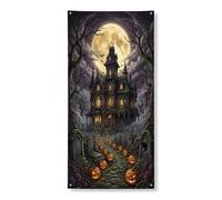 Copri porta con zucche decorative, gotico spettrale palazzo, lapide per Halloween, nera, con corda, cartello per porta d'ingresso, decorazione per la casa, per portico, patio, interni ed esterni, 91 x