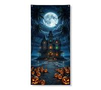 Copri porta con zucche, decorativo, gotico spettrale, luna, Halloween, arancione, con corda da appendere, striscione per porta, portico, patio, interni ed esterni, 91 x 182 cm