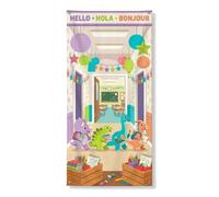 Copri porta fantasioso con dinosauro multilingue, 91 x 182 cm | Testo di auguri multilingue, sfondo per porta d'ingresso, lanterne di carta festive, vivace scena del corridoio