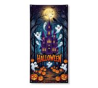 Copri porta fantasmi decorativi, spettrale fantasiosa casa infestata zucche Halloween viola con corda porta d'ingresso sfondo decorazione per la casa per portico porta interna esterna feste 91 x 182
