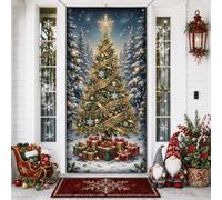 Copri porta musicale con albero di Natale e foresta invernale, 91 x 182 cm | Nota musicale nastro dettaglio, sfondo porta d'ingresso, sfondo foresta innevata, regali accentati oro