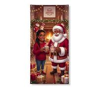 Copri porta natalizio con Babbo Natale e donna che condividono il cacao, 91 | Targa per porta d'ingresso, con scritta "African America Santa", accogliente scena del camino, tema cacao caldo