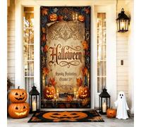 Copri porta vintage con pergamena e zucche di Halloween, 91 x 182 cm | Stile vintage pergamena, sfondo per porta d'ingresso, pergamena ornata, lanterne a forma di jack-o'-lanterne