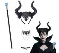 Copricapo con corna da regina a 4 punte - Copricapo con corna di Halloween con bacchetta magica e collana gotica in pizzo nero,cerchietto con corne diavolo,regina cattiva,Malefica,access costum donna
