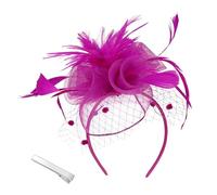 Copricapo da donna con fiore in rete con piume, clip per feste del tè, con perline, per spose (taglia unica, rosso viola)
