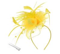 Copricapo da donna con fiore in rete con piume, clip per feste del tè, con perline, per spose (taglia unica, giallo)