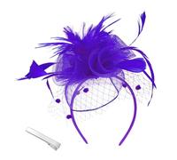 Copricapo da donna con fiore in rete con piume, clip per feste del tè, con perline, per spose (taglia unica, viola)