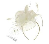 Copricapo da donna con fiore in rete con piume, clip per feste del tè, con perline, per spose (taglia unica, beige)