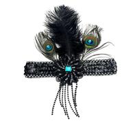 Copricapo elastico regolabile con piume di pavone nero nappe con paillettes multiuso decorazione per capelli da donna nera piuma fascia per capelli