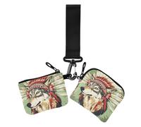 Copricapo indiano cowboy occidentale tribale lupo verde da donna doppio portafoglio porta biglietti da visita sottile staccabile portamonete porta cambio con cinturino da polso per donna 2 pezzi