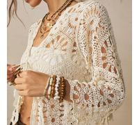 Copricostume da donna romantico color albicocca con scollo a V e lacci, copricostume da spiaggia alla moda per vacanze, top bianco leggero in stile bohémien con lacci per il mare, kimono da spiaggia t