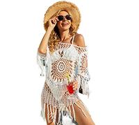 Copricostume Donna Copricostume da donna a maniche lunghe all'uncinetto con scollo a barchetta e nappe, abito da spiaggia trasparente, copricostume sexy da spiaggia femminile ( Color : White , Size :