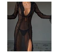 Copricostume Donna Mare Abito lungo da spiaggia con scollo a V e scollo a V con volant trasparenti Copricostume da bikini sexy estivo Abito a rete con orlo a spacco alto a maniche lunghe(Color:Black,S