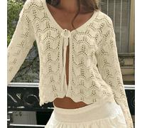 Copricostume estivo da donna - Maglietta lavorata a maglia traforata con fiocco, scollo a V, design morbido e spalle scoperte, kimono leggero da vacanza. Top corto a uncinetto per bikini con laccio an
