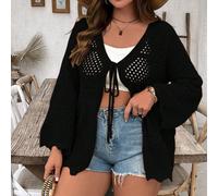 Copricostume lungo in tinta unita con laccetti in crochet e maniche lunghe, per donna taglia comoda, costumino da spiaggia leggero e sexy per vacanze estive, con protezione solare 0XL,1XL,2XL,3XLTessu