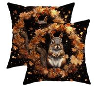 Copricuscini autunnali neri con scoiattolo, 16x16, set da 2, morbidi copricuscini arancioni con foglie d'acero autunnali, con cerniera, decorazioni divertenti con animali per divano, soggiorno, veran