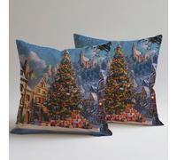 Copricuscini Divano 60×60 cm, Federe Lino Cuscini per Divano Soggiorno, set 4 Cuscini da Esterno per Decorazioni Casa Cerniera Nascosta Stampa Doppia Faccia, Albero Di Natale Piccola Città C0F-171