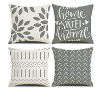 Copricuscini in lino per divano, giardino, set di 4 federe per cuscini Home Sweet Home, federe per cuscini decorativi per esterni, geometriche, boho, floreali, copricuscini - Grigio 50x50cm