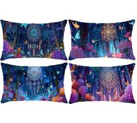 Copricuscini Rettangolari 35 x 70 cm Set di 4, La rete dei sogni forestali Motivo, Lino Federe Cuscini Divano, Letto, Soggiorno, Decorazione Casa, Cerniera Nascosta, Facile da Rimuovere e Lavare A-726