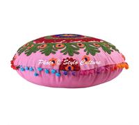 Copricuscino da Pavimento Etnico Floreale Rotondo Ricamato Suzani Pom Cotone 18"