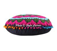 Copricuscino da terra Suzani con ricamo floreale bohemien pom cotone 18"
