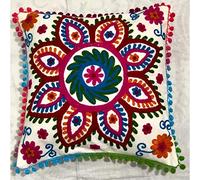 Copricuscino indiano Suzani in cotone con decorazione floreale, stile boho chic e bohemien, per divano, copricuscino realizzato a mano, ricamato a mano, con paillette, 40,6 x 40,6 cm