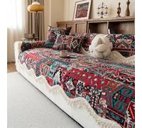 Copridivano Boho, Protezione Divano in Ciniglia Antiscivolo con Retro in Silicone, Telo Rosso Geometrico con Bordo Ondulato e Frange(Aegean Patchwork,27"x70")