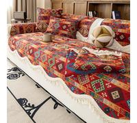 Copridivano Boho, Protezione Divano in Ciniglia Antiscivolo con Retro in Silicone, Telo Rosso Geometrico con Bordo Ondulato e Frange(Bohemian,27"x60")