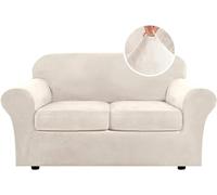 Copridivano In Velluto Di Lusso 4-pezzi Con Fodere Per Cuscini Separate, Fodera Per Divano Antiscivolo In Peluche Ultra Morbido Ad Alta Elasticità Con Fondo Elastico (Avorio,2 posti (147-182 cm))