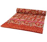 Copriletto con Stampa a Blocchi, Copriletto per Divano Letto, Applique Fatte a Mano, Sciarpa da Parete - Design 16, Rosso, Cotone, Dimensioni: Singolo 150x200 cm, Copriletti con Stampa a Blocchi