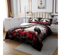 Copriletto per letto king size, stile rustico con corvo e rose, decorazione per la camera di bambini, ragazze, ragazzi, per Halloween, 2 federe, nero e rosso