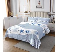 Copriletto trapuntato con meduse e stelle marine Creature marine a righe per ragazzi, ragazze e bambini Blu e bianco, 3 pezzi set matrimoniale