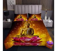 Copriletto trapuntato con statuetta di Buddha, stile zen, con fiori di loto e cultura asiatica, trapuntato, per bambini, adulti, stile esotico, chic, dorato, trapuntato, per letto matrimoniale