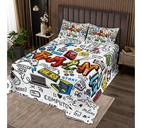 Copriletto trapuntato da gioco per bambini multicolore graffiti gamepad copriletto trapuntato per ragazzi adolescenti moderno controller di gioco set traspirante giovane uomo trapuntato dec240x220cm