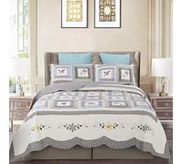 Copriletto Trapuntato Patchwork da 3 Pezzi, Elegante copriletto in Cotone Stampato Floreale Blu con federe, Coperta da Letto Reversibile, Matrimoniale