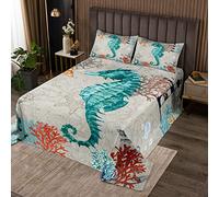 Copriletto trapuntato per bambini con motivo cavalluccio marino, stile retrò, oceano, mare, nautico, ancora, copriletto, per ragazzi e ragazzi, a tema marino, traspirante, trapuntato, decorazione per