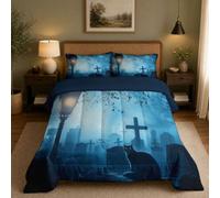 Copriletto Trapuntato Per Bambini Con oscuro e terrificante | Trapunta separare Invernale, Grigio-blu, Piumone Caldo Morbido Il cimitero del gatto nero nella nebbia Per Decorazione Camera Da Letto